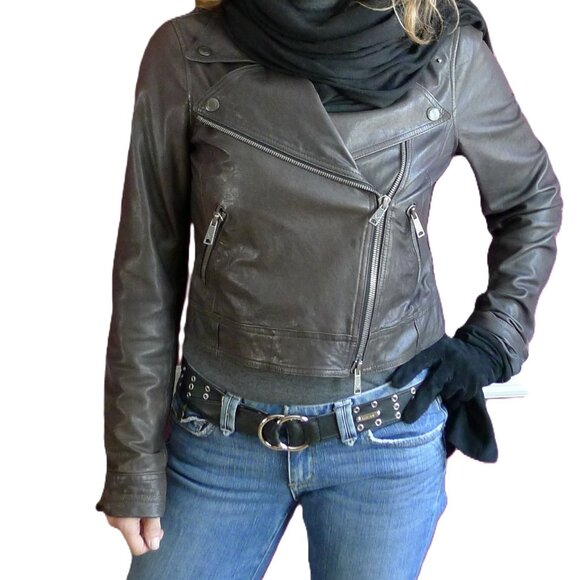 Vince grey Leather biker Jacket Sz M - Picture 11 of 11